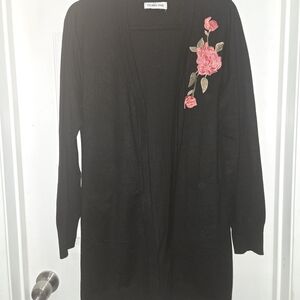 Black Cardigan with Pink Floral Embroidery
